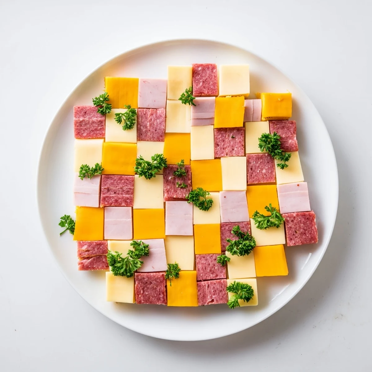 Artistically arranged patchwork quilt appetizer features colorful meats, cheeses, and mustard accents.