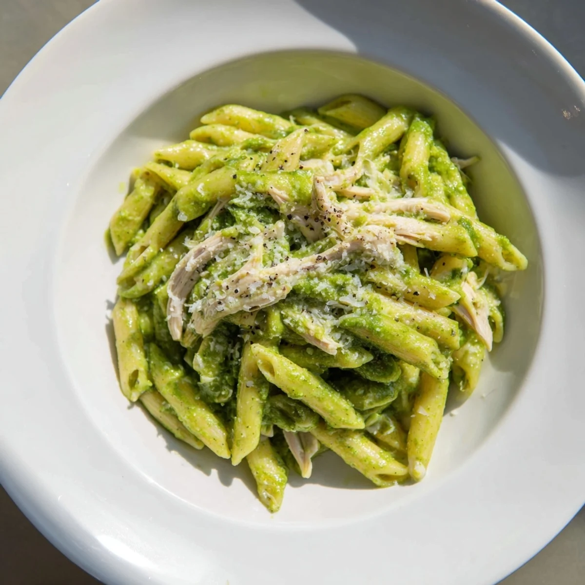 Steaming 10-Minute Pesto Pasta with Chicken, garnished with basil and Parmesan, ready for a quick dinner.