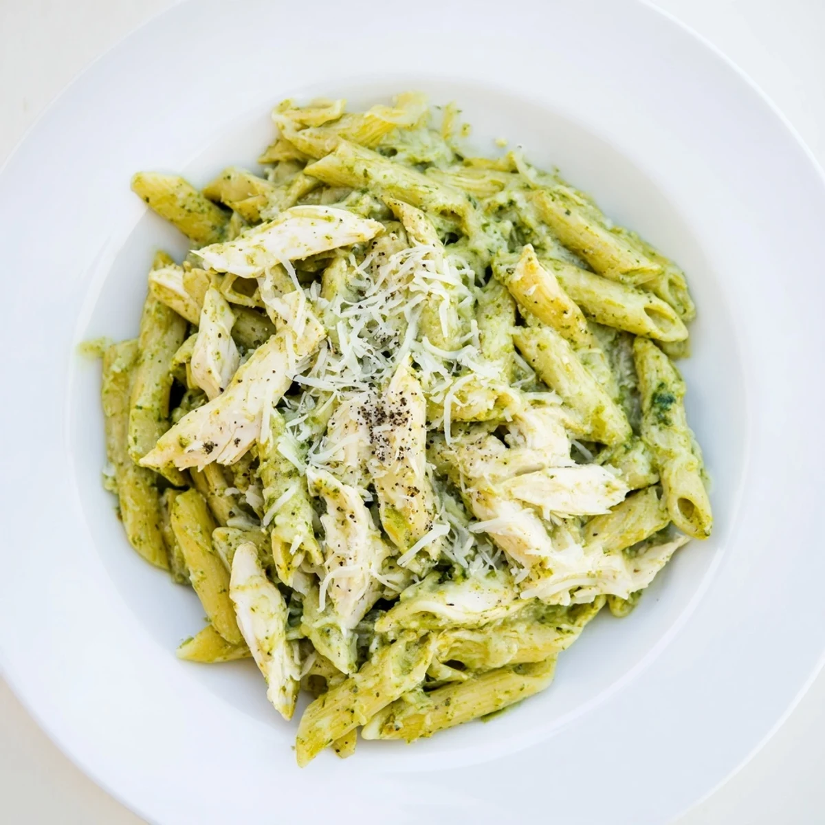 This flavorful 10-Minute Pesto Pasta with Chicken features perfectly cooked pasta coated in vibrant pesto sauce.