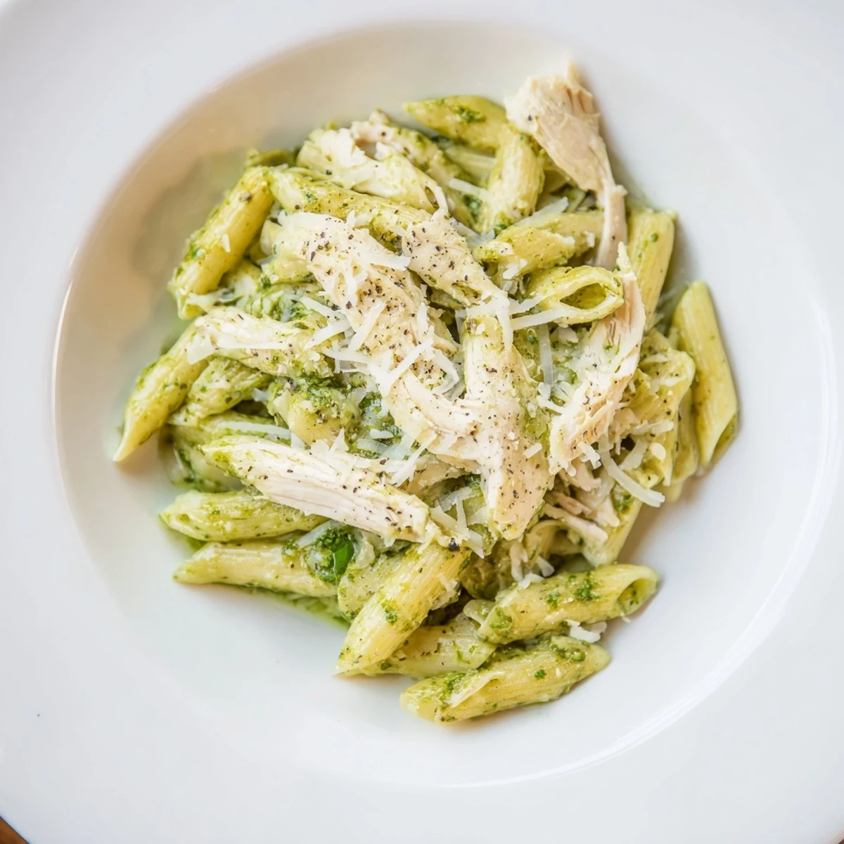 A close-up of creamy 10-Minute Pesto Pasta with Chicken, showcasing juicy rotisserie chicken pieces within.