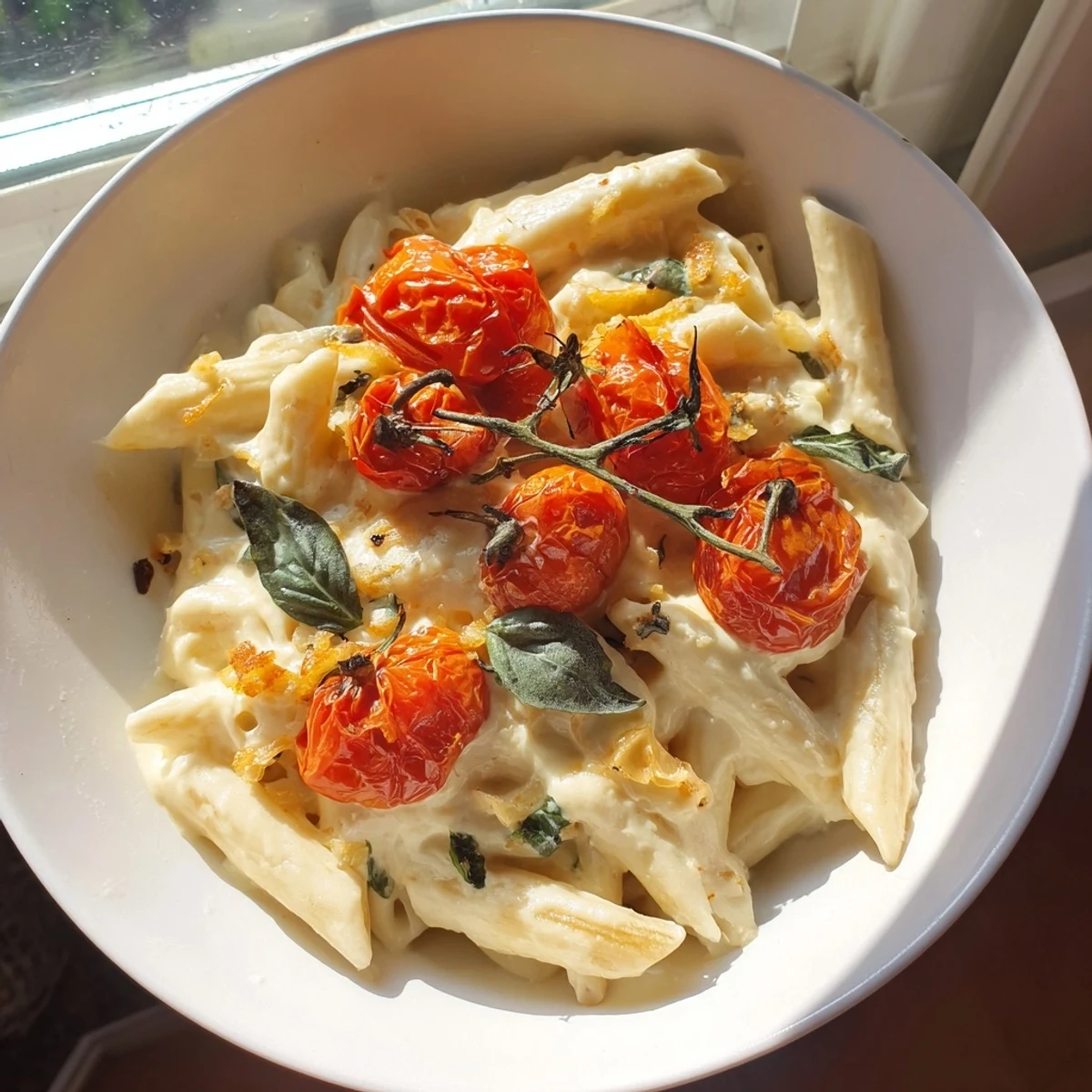 Plate of Boursin Cheese Pasta steaming, bursting with juicy roasted cherry tomatoes and fresh basil.