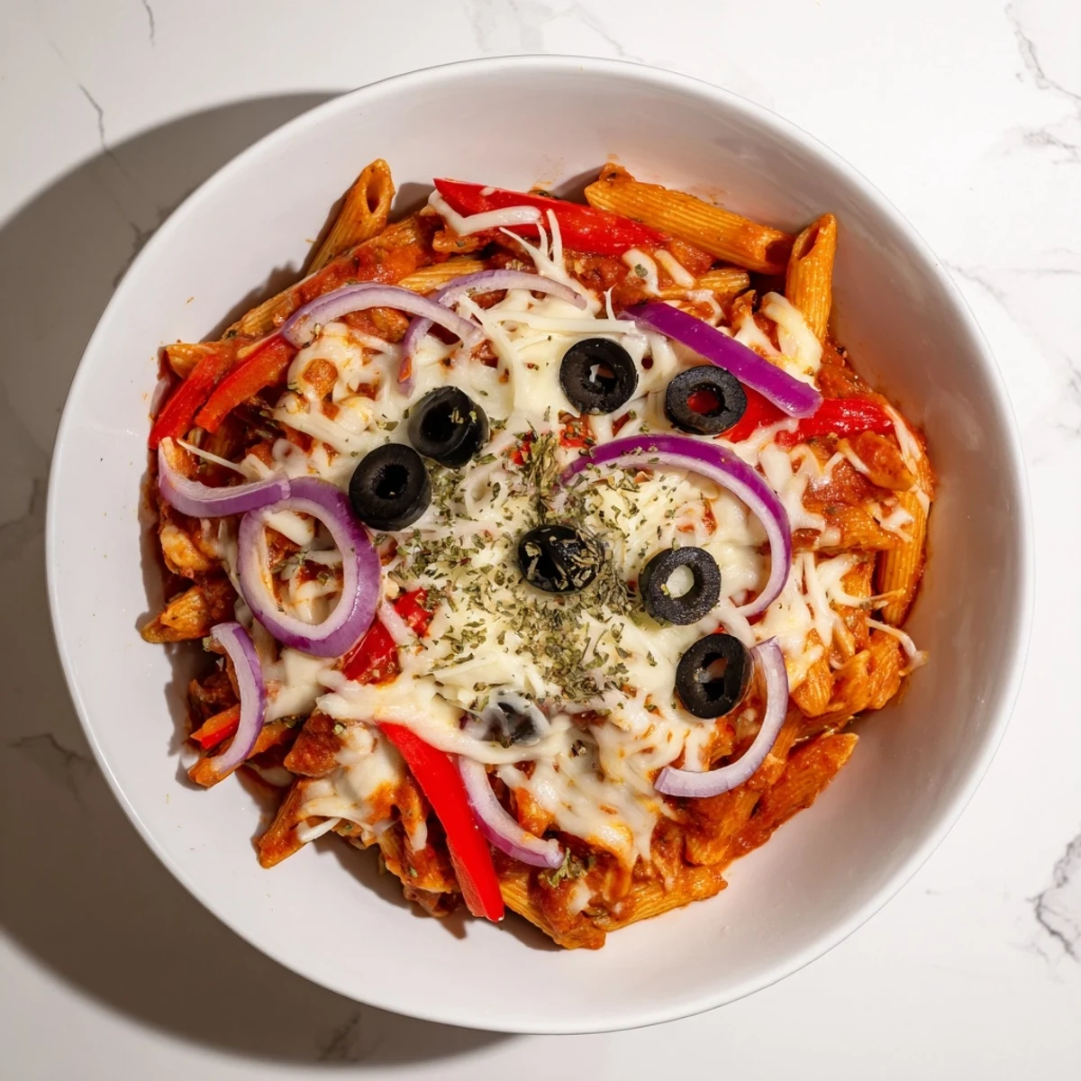 A close-up of quick one-pot pizza pasta, showing pasta coated in rich marinara with cheese.