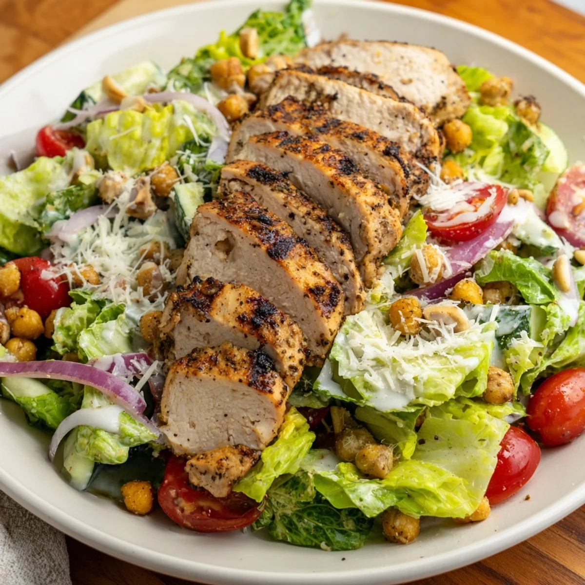 Chicken Caesar Pasta-less Bowl, a vibrant salad with grilled chicken and creamy Caesar dressing.
