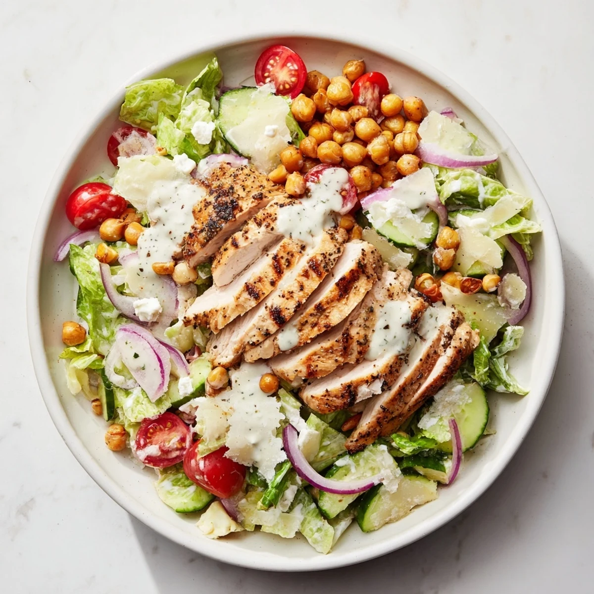 Imagine a fresh Chicken Caesar Pasta-less Bowl with juicy chicken, Parmesan, and a tangy dressing.