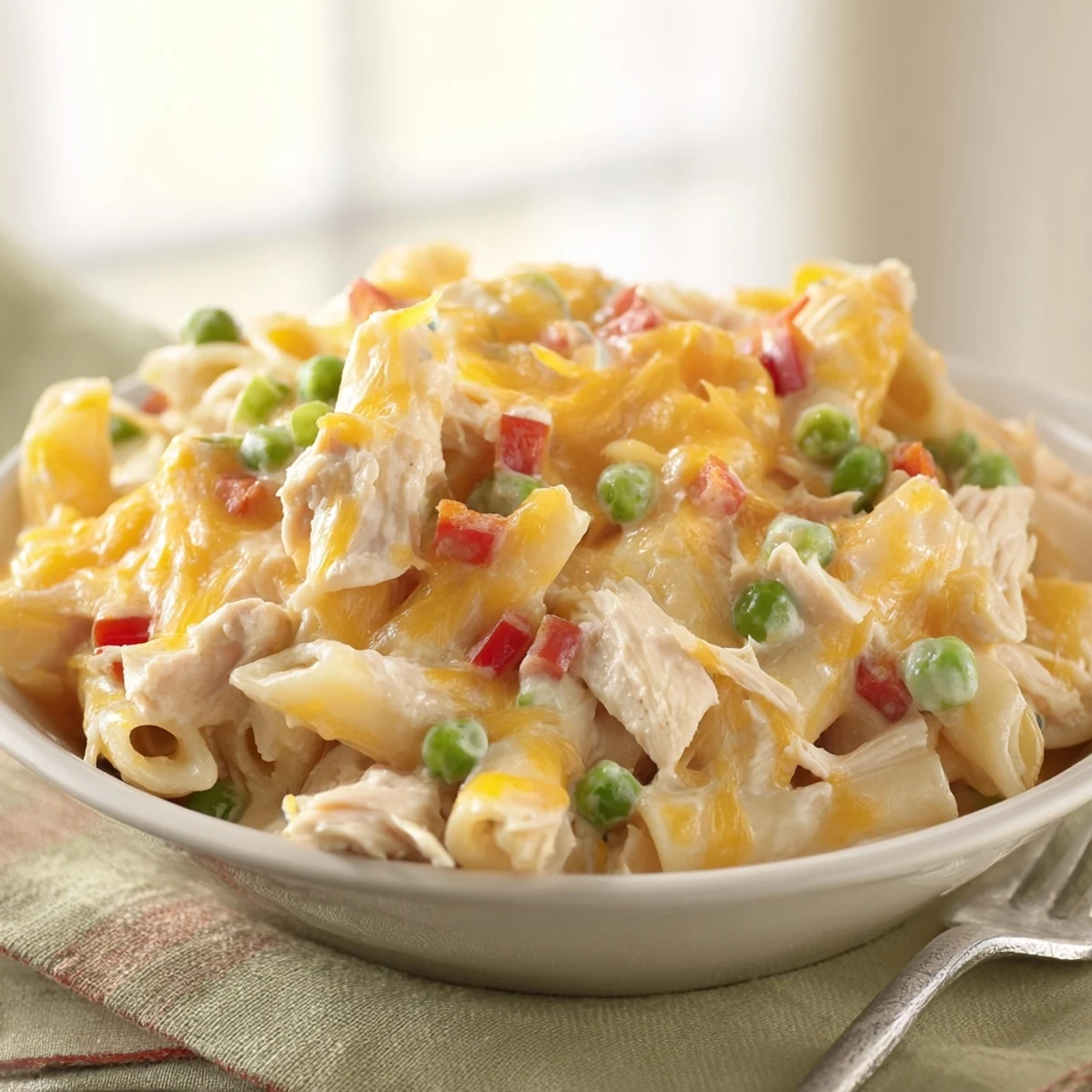 Creamy Chicken Macaroni Southern Style, bubbling hot from the oven with a golden cheese topping.