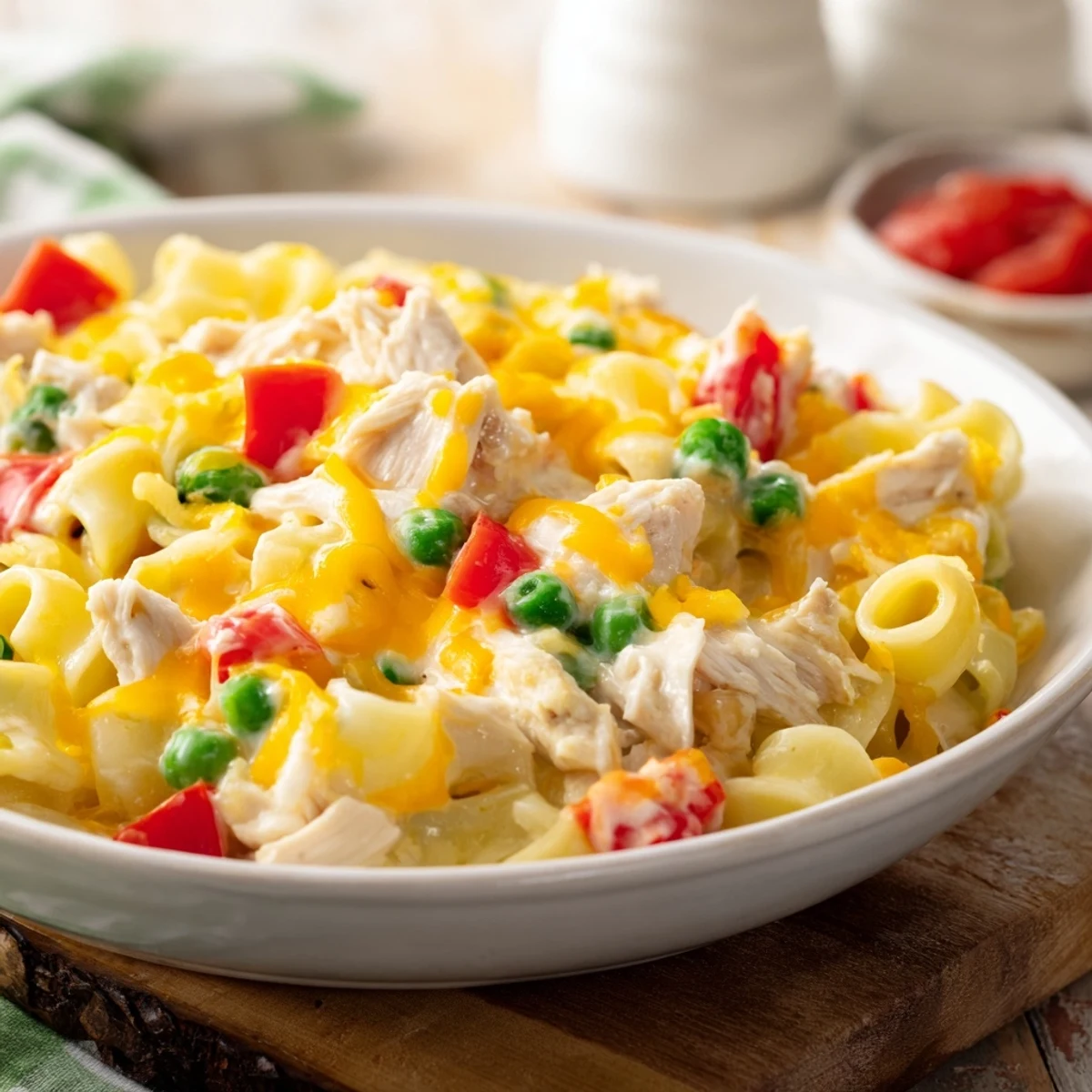 This Chicken Macaroni Southern Style features tender chicken and a rich, cheesy sauce with colorful veggies.