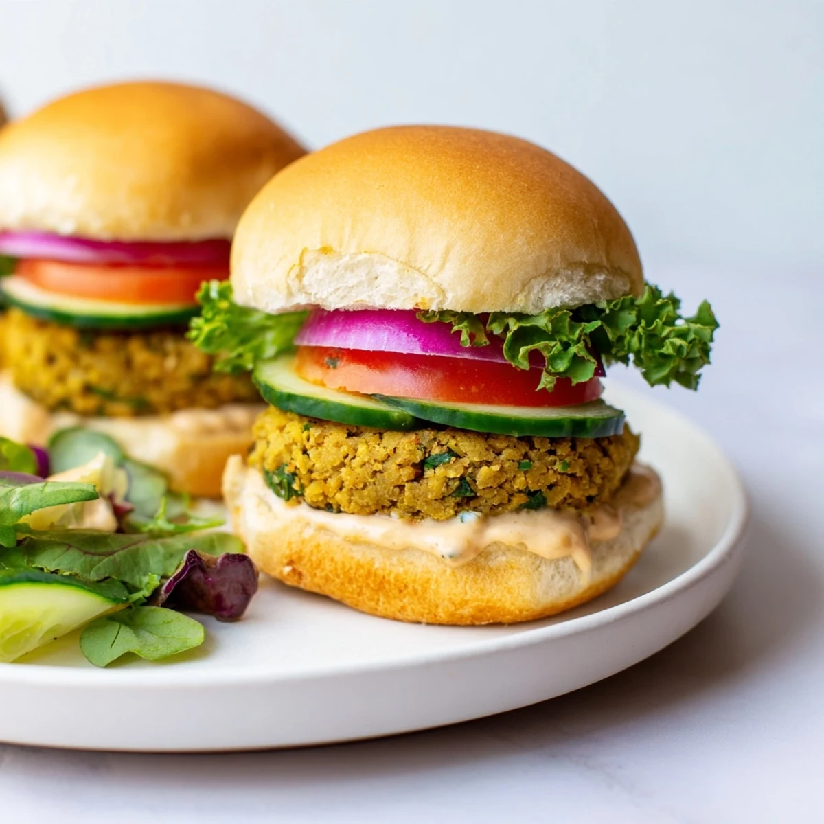 Golden-brown baked falafel sliders, stacked high with fresh veggies, tahini, and nestled inside slider buns.