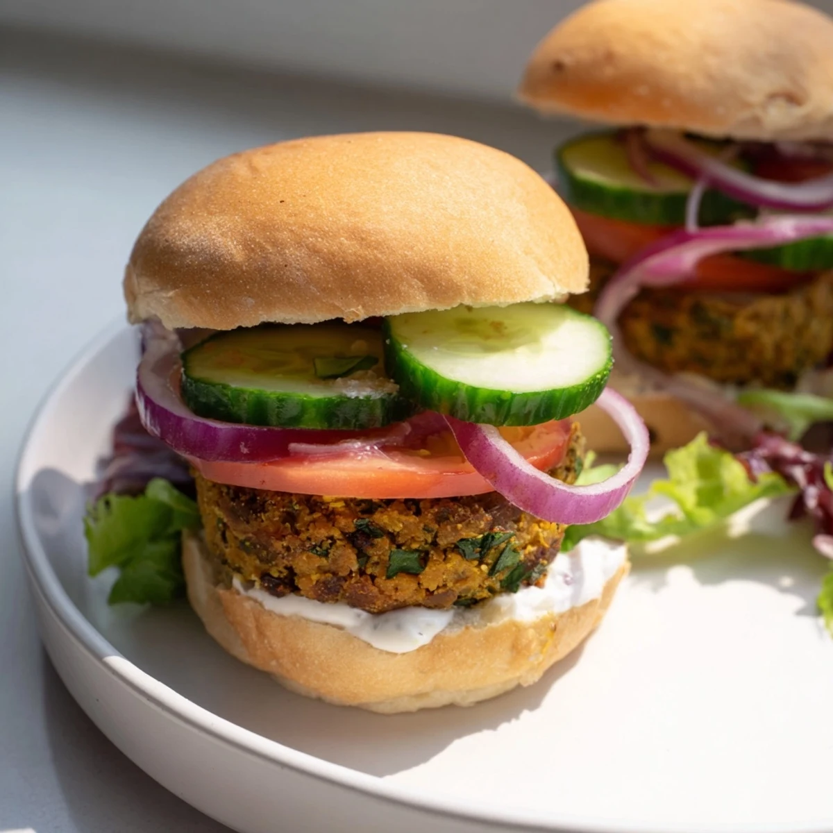 Warm steam rises from these delicious baked falafel sliders, ready to eat with a creamy tahini sauce.