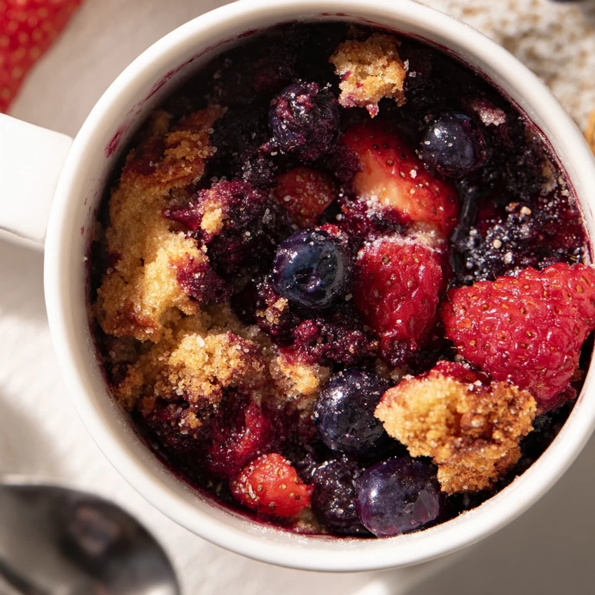 Warm, bubbly Mixed Berry Cobbler Mug Cake with a golden crust and juicy berries.