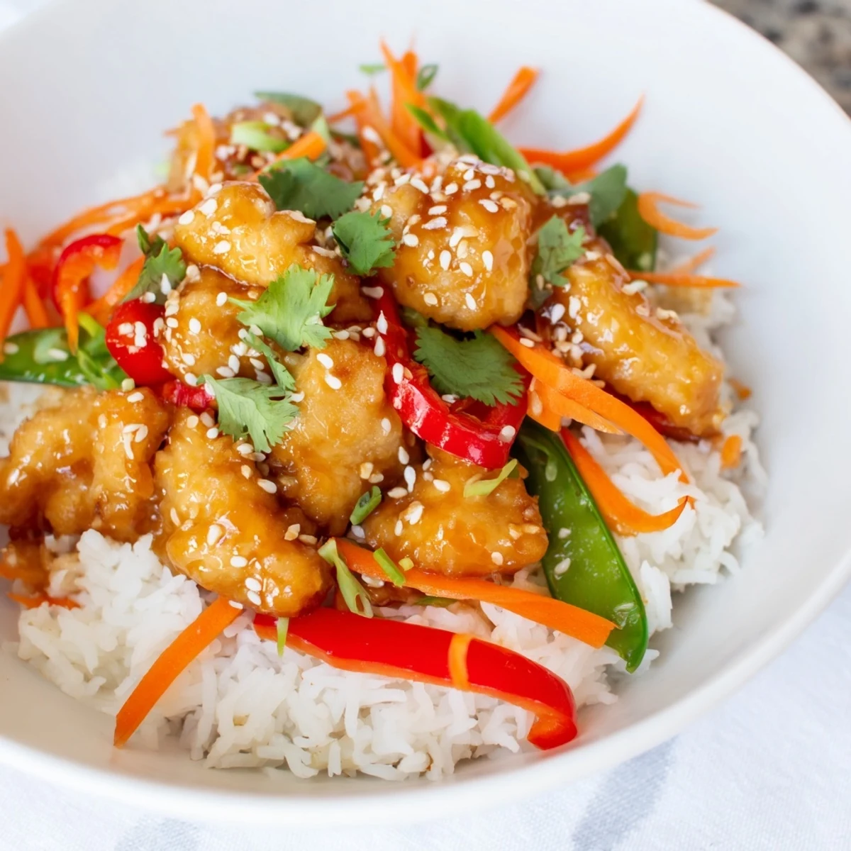 Steaming Sesame Ginger Rice Bowl crowned with glistening chicken, colorful vegetables, and sesame seeds.