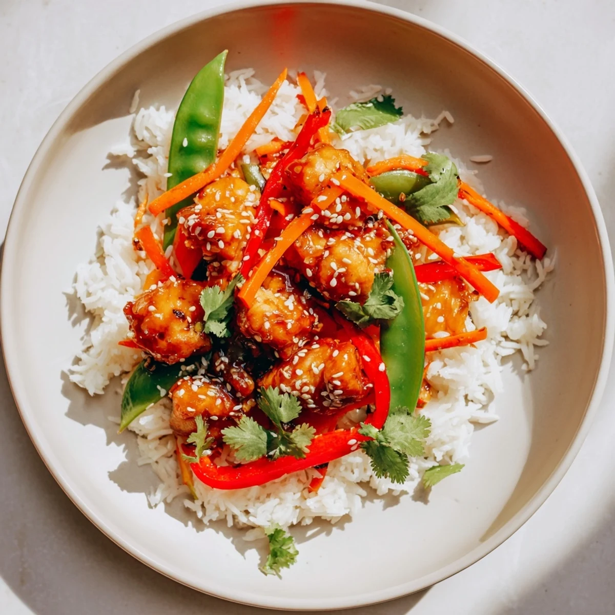 Delicious and colorful photo of a steaming Sesame Ginger Rice Bowl with lime wedges ready to be enjoyed.
