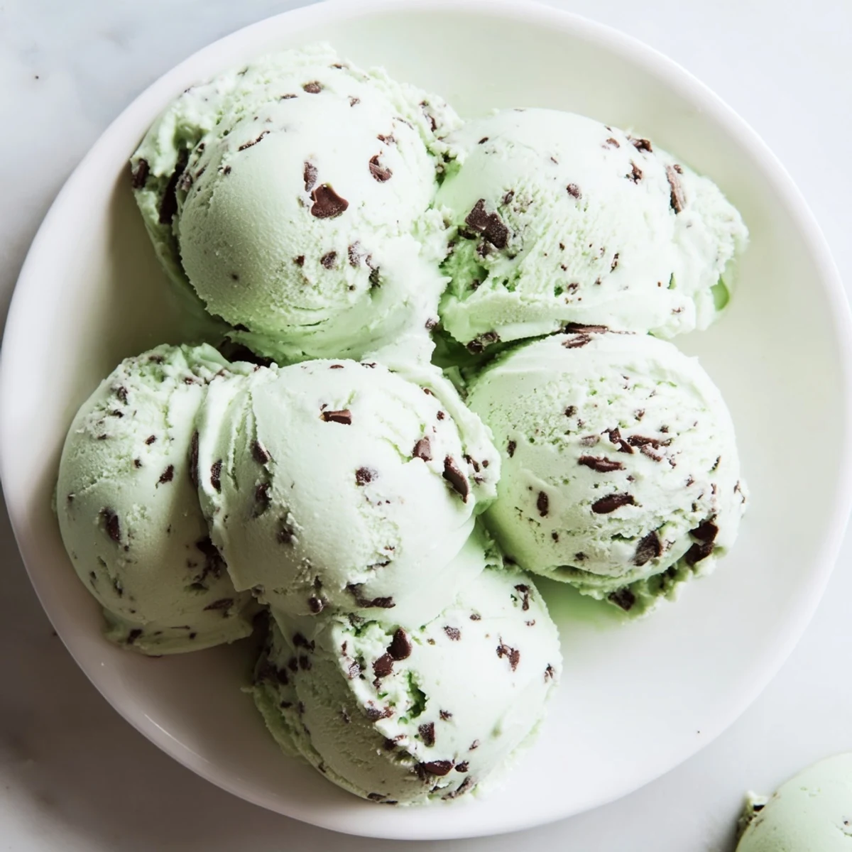 A glistening scoop of homemade Mint Chocolate Chip Ice Cream, swirled with dark chocolate flecks.