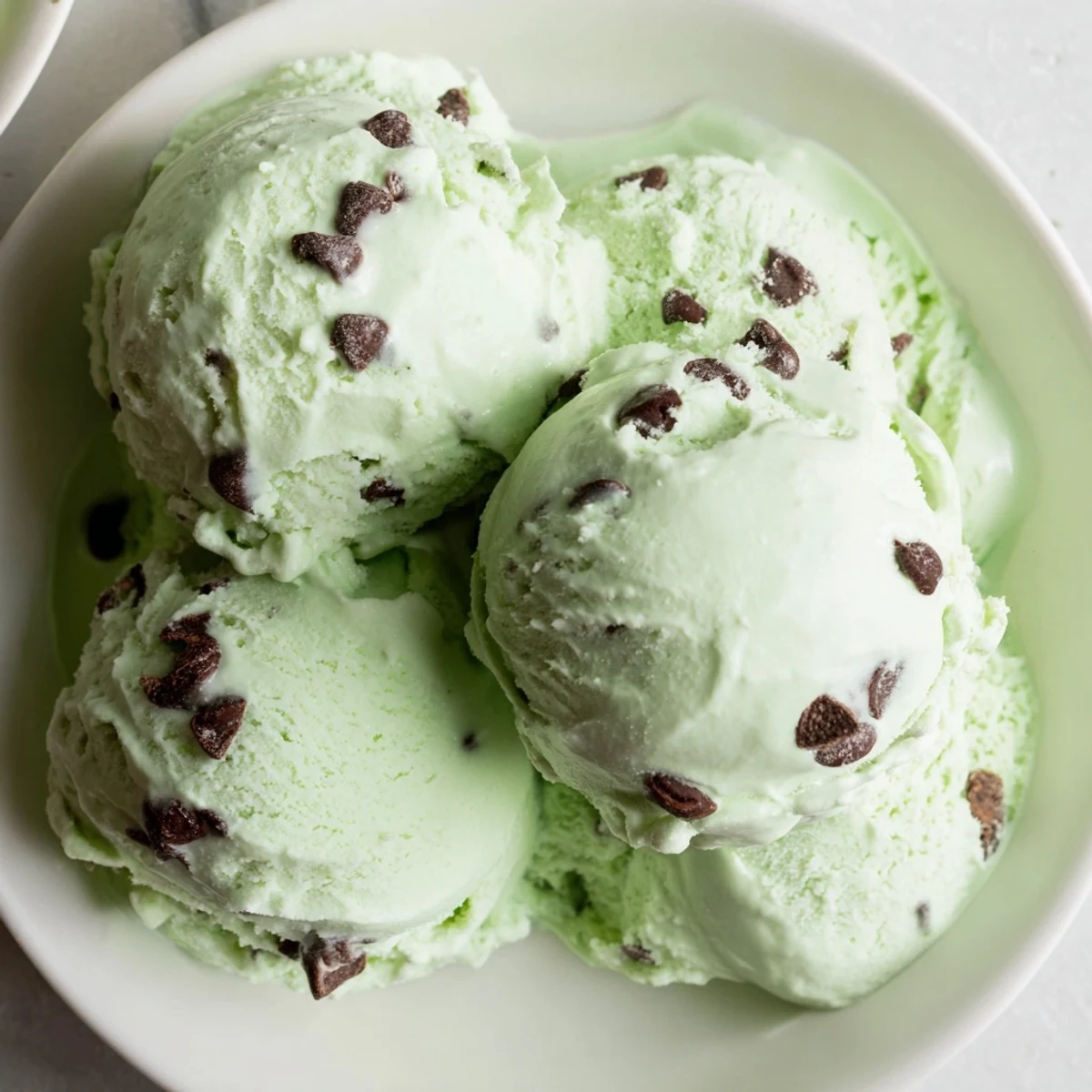 Delicious, homemade Mint Chocolate Chip Ice Cream in a bowl; a refreshing and cooling dessert.