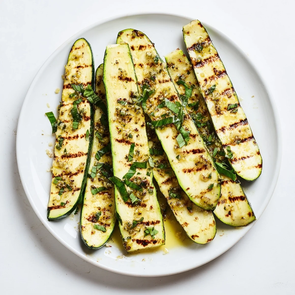 Tender, grilled Garlic Herb Zucchini boasting vibrant grill marks, ready for a delicious Mediterranean side.