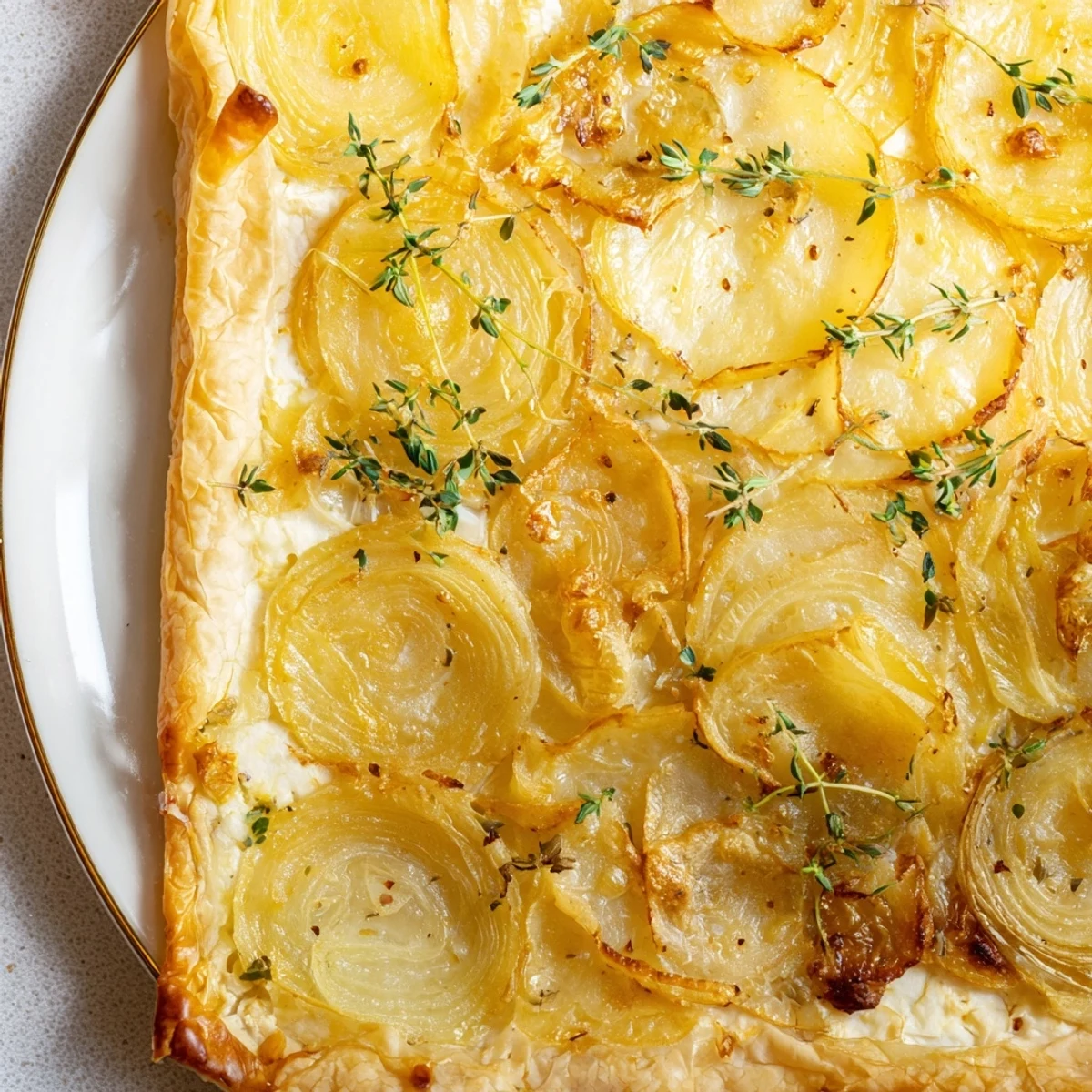 Golden, caramelized onions topping a flaky Caramelized Onion Tart, ready for serving as an appetizer.