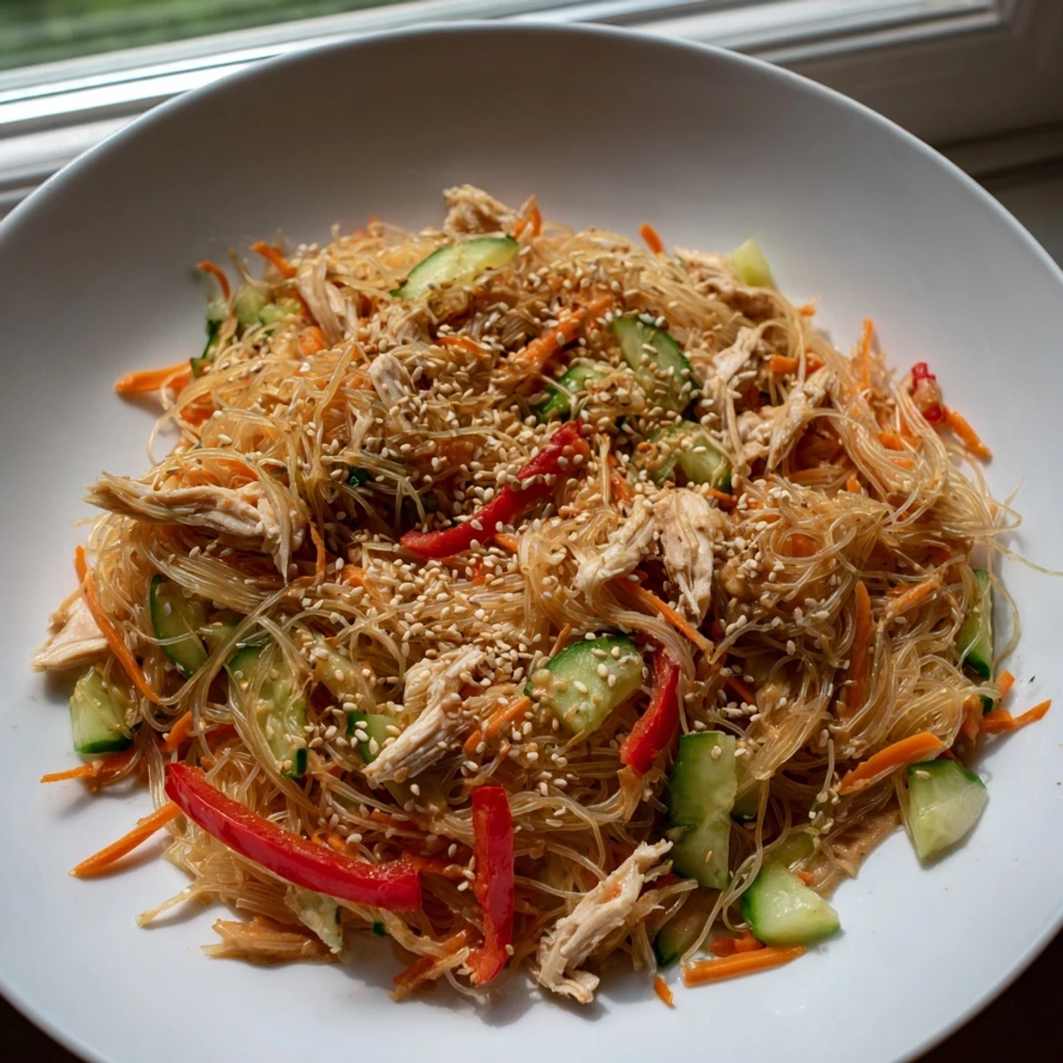 Close-up of fresh Chilled Chicken Noodle Salad, a dairy-free Asian-inspired meal with sesame seeds.