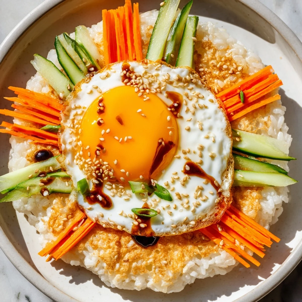 Golden, crispy egg rice bowl: a perfectly fried egg sits atop satisfying crunchy rice and fresh veggies.