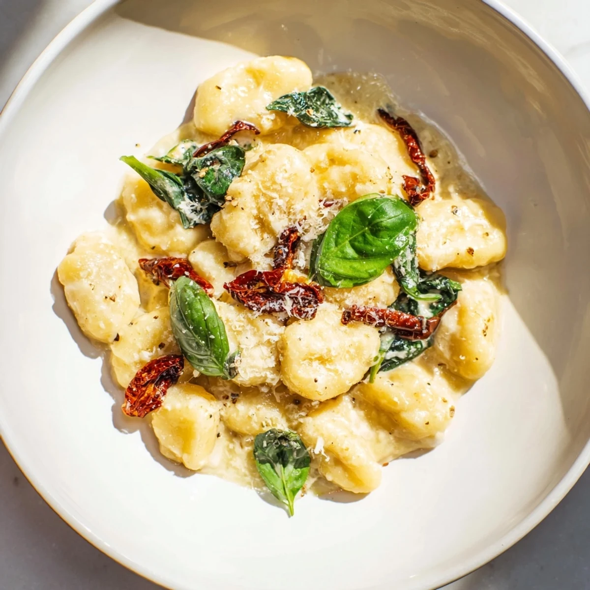Golden, creamy Tuscan gnocchi with spinach, sun-dried tomatoes, ready to serve with Parmesan.