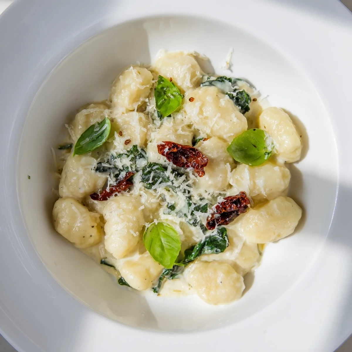 Vibrant image of hot Creamy Tuscan Gnocchi with basil garnishing, perfect for a cozy Italian dinner.