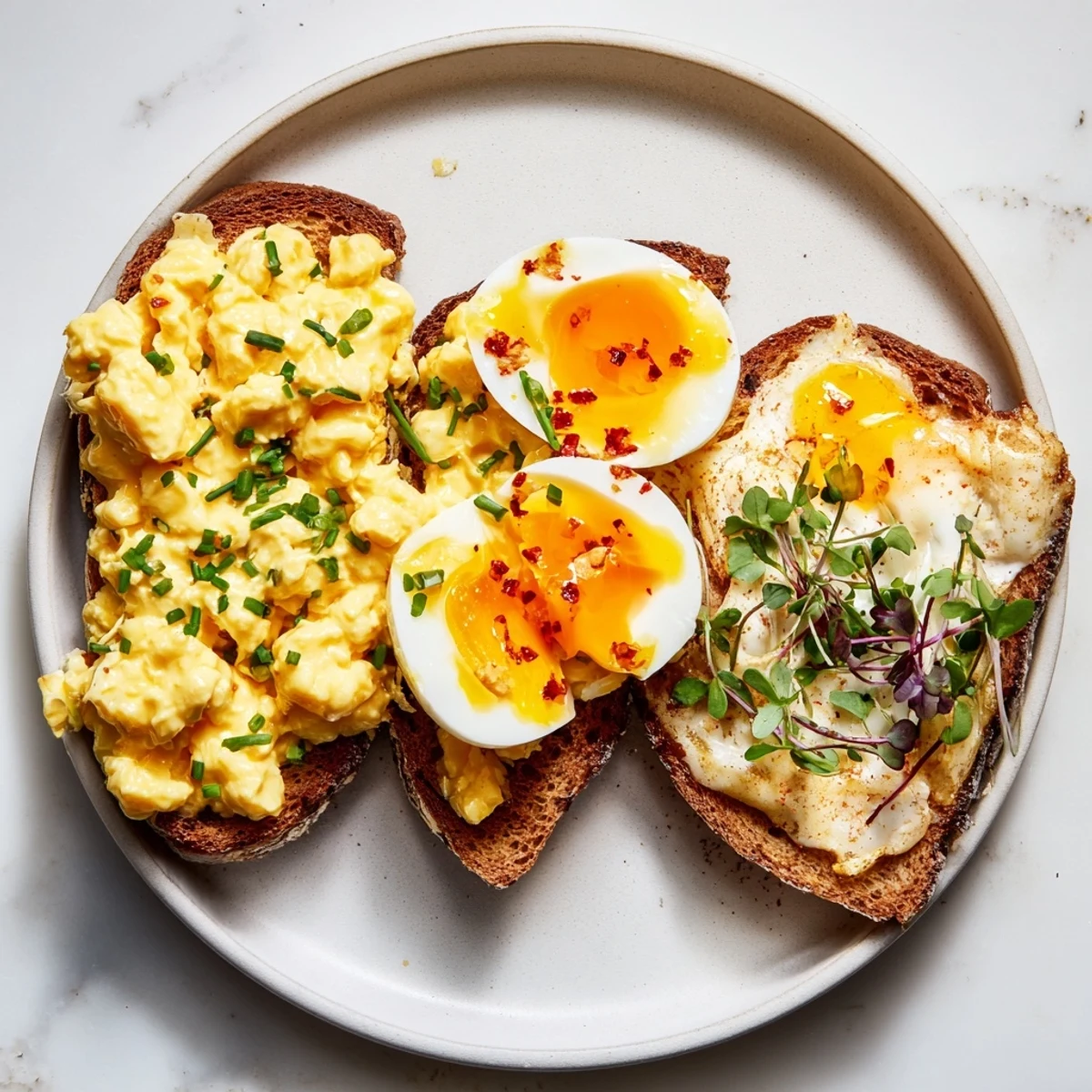 Golden toasted bread holds a vibrant trio of egg styles in this Egg Flight Toast.