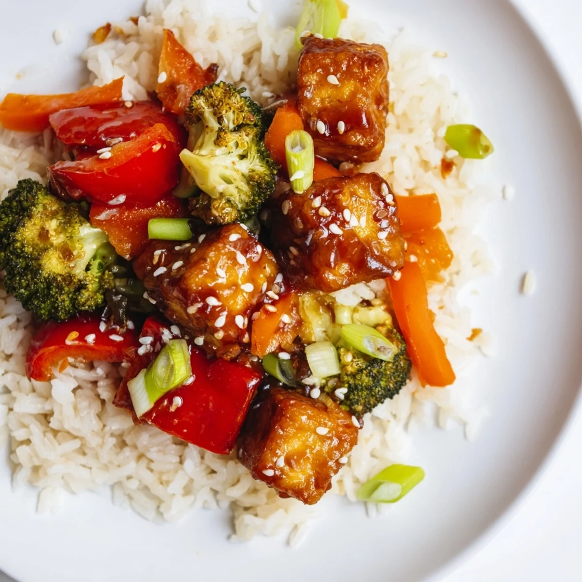 Golden-brown crispy tofu and vibrant vegetables smothered in a delicious Honey Garlic Tofu sauce.