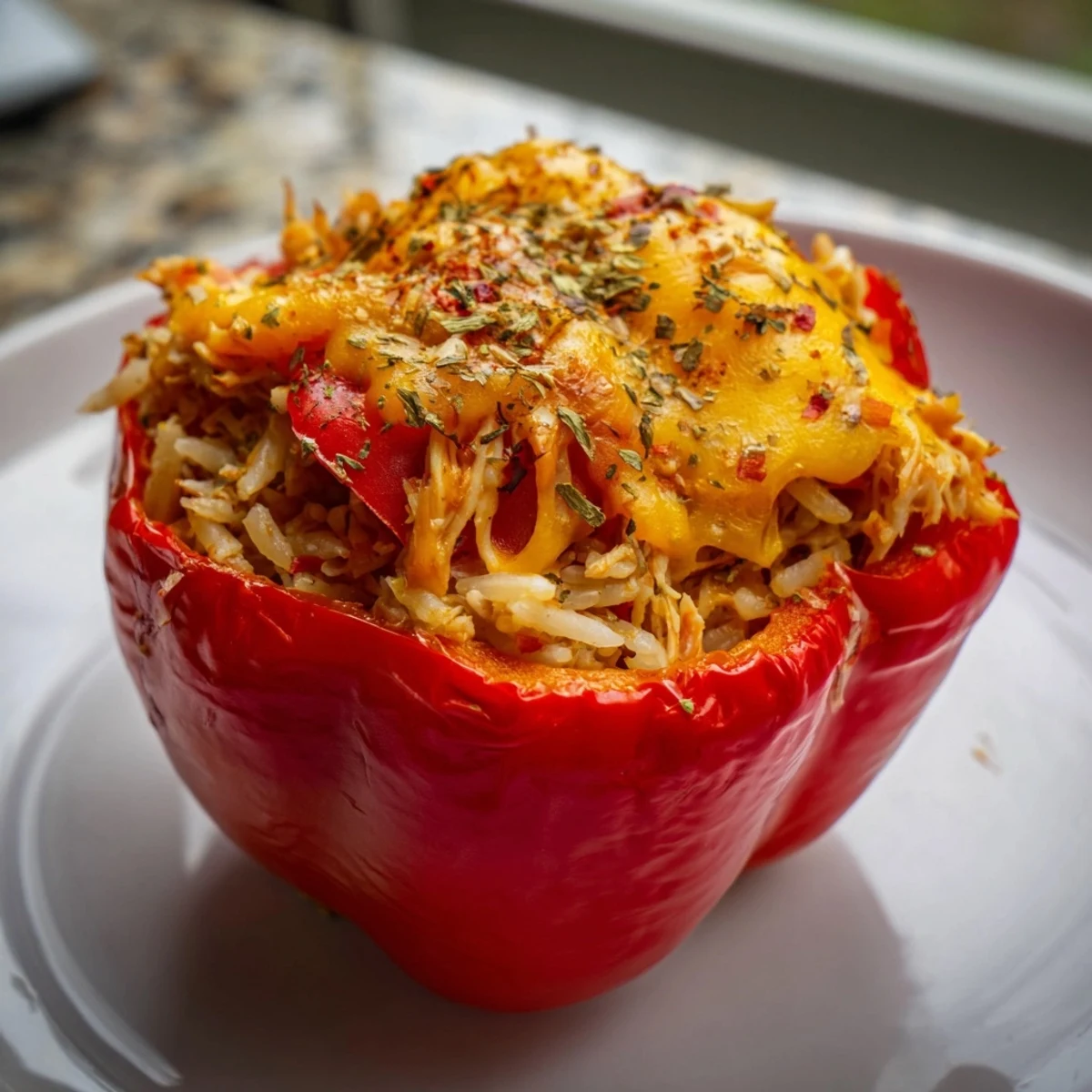 Golden, bubbly Cheesy Chicken Stuffed Peppers, a family-favorite meal with tender chicken and rice.