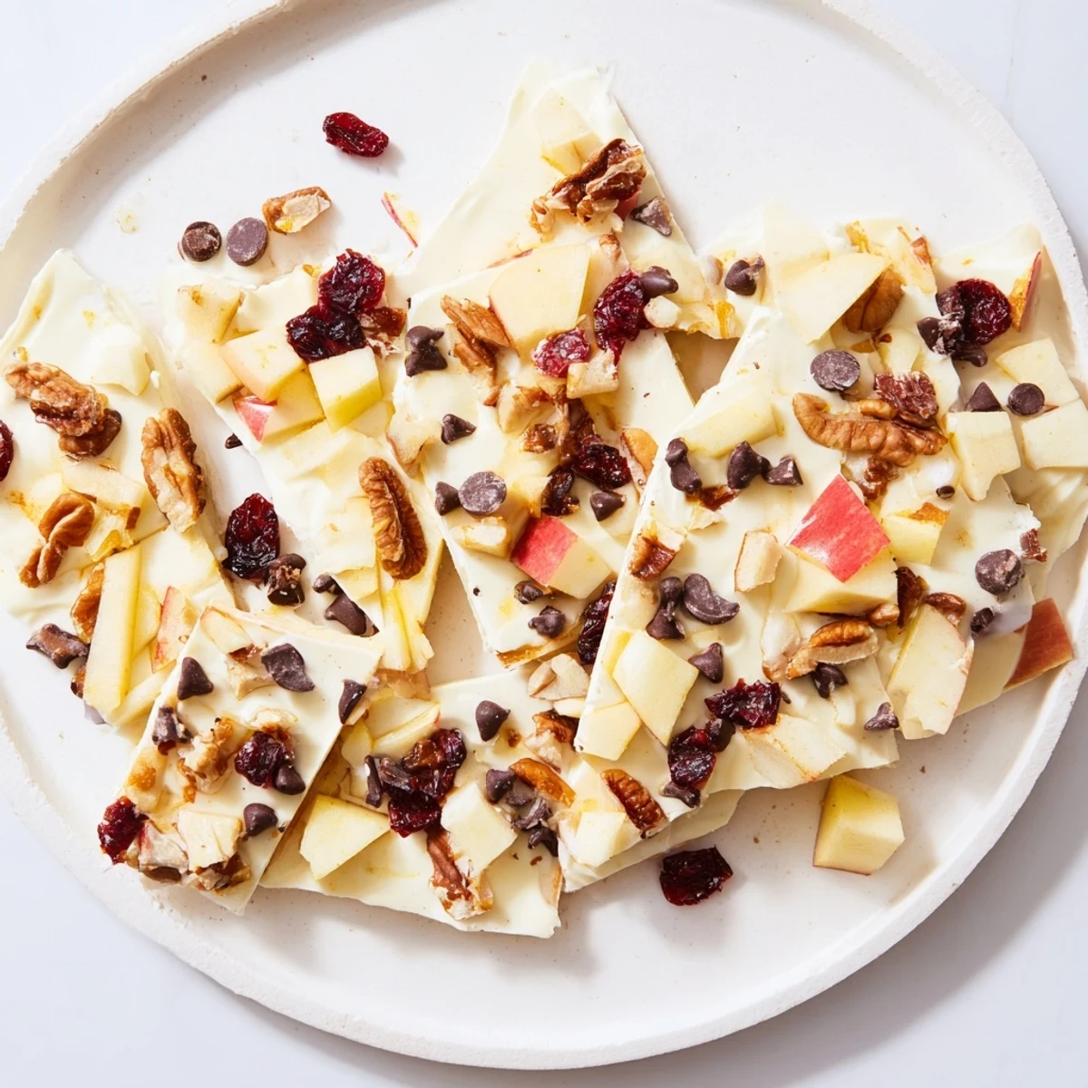 Frozen Apple Cinnamon Yogurt Bark, showing diced apples and a sprinkle of cinnamon atop creamy yogurt.