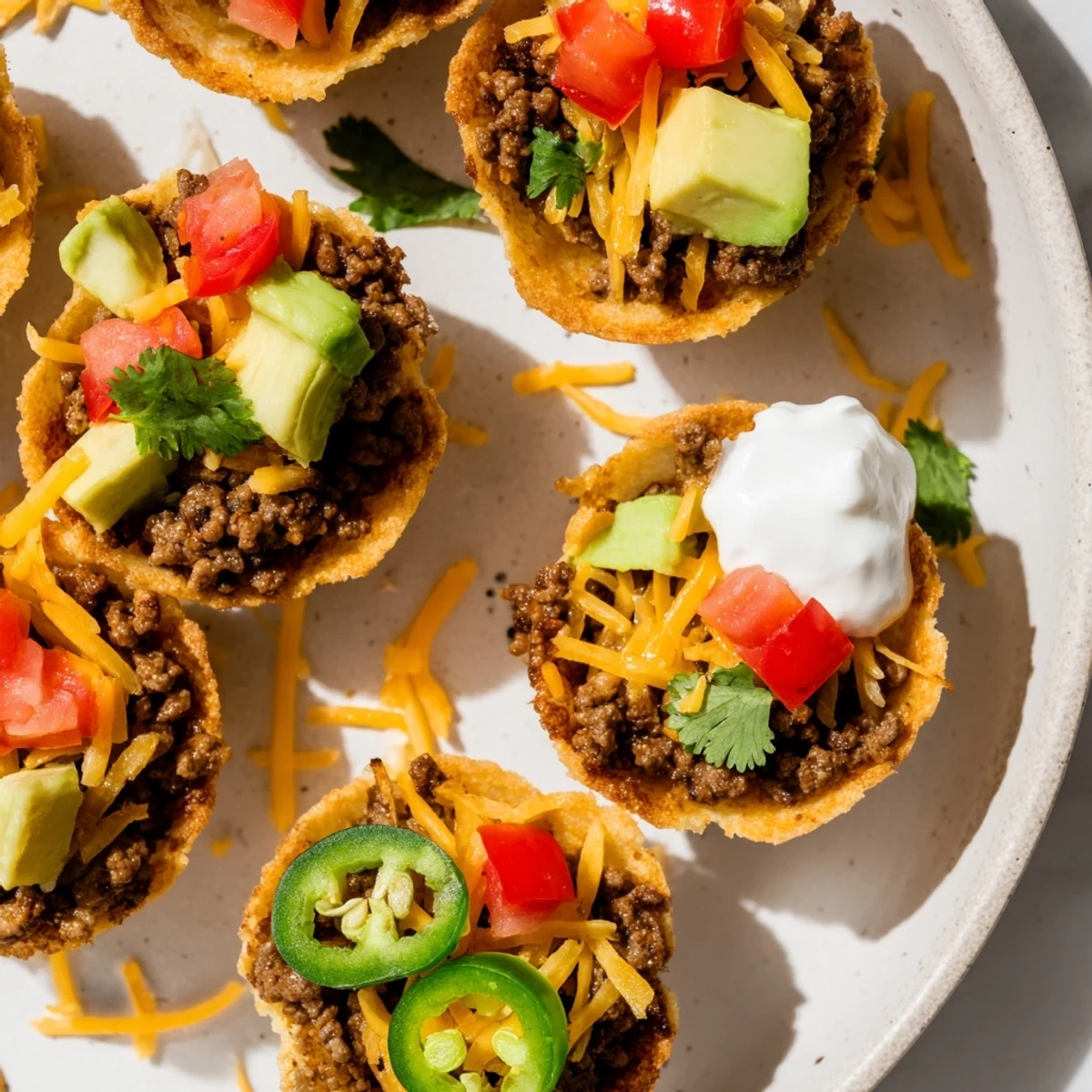 Golden-brown mini taco cups filled with seasoned beef, melted cheese, and fresh toppings.