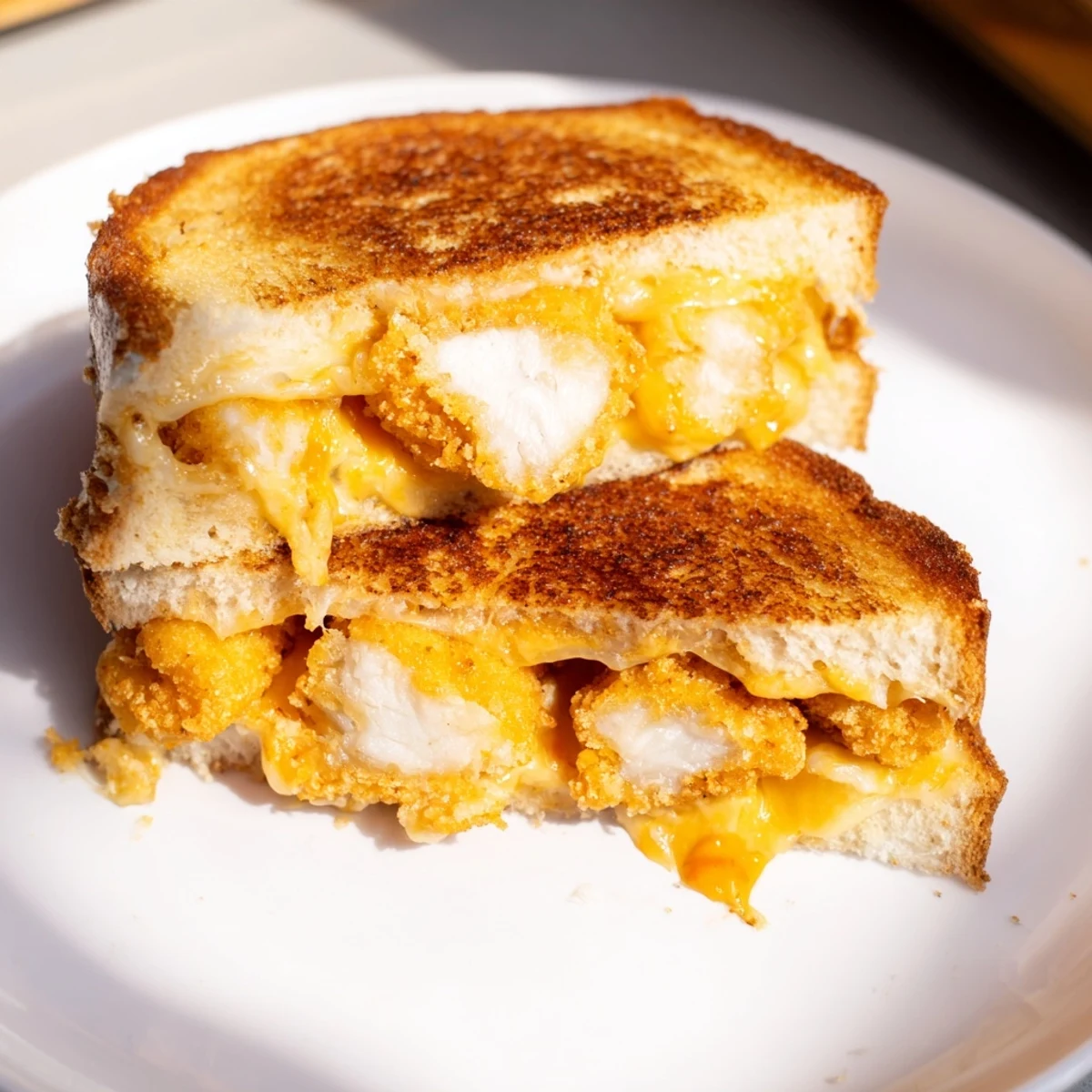 Golden, crispy Chicken Nugget Grilled Cheese sandwich oozing melted cheddar, a kid-friendly treat.