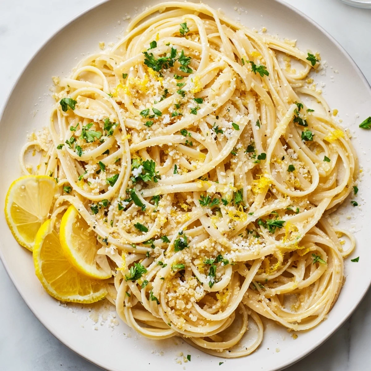 Golden garlic butter linguine, glistening with parsley, is a quick and delicious vegetarian dinner.