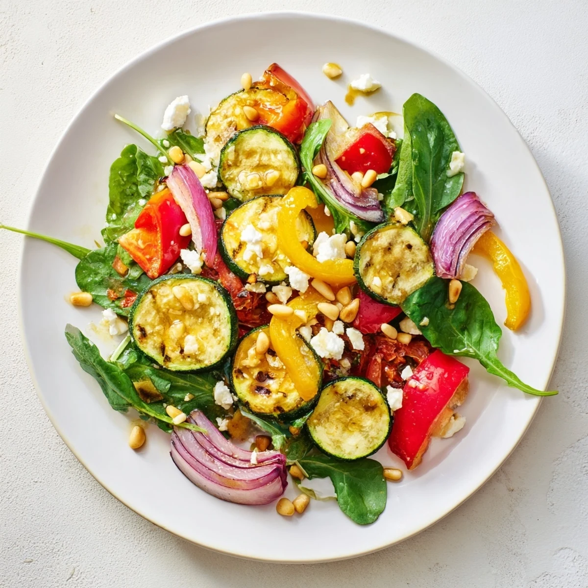 Warm, flavorful roasted vegetable salad, drizzled with balsamic dressing and ready to serve immediately.