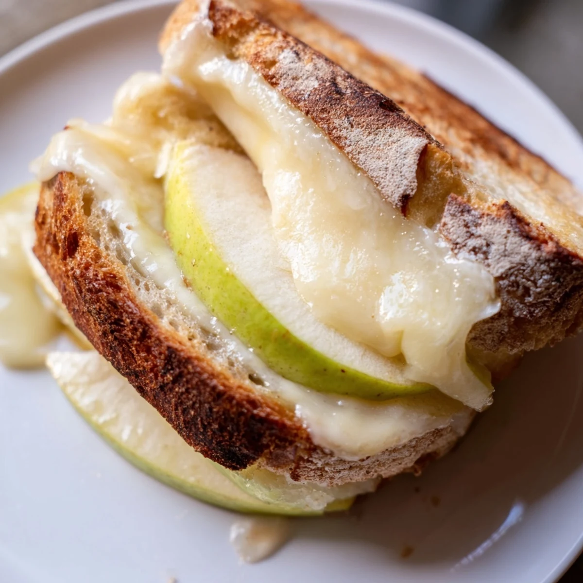 Golden, melty Brie and apple grilled cheese, a warm and gooey gourmet sandwich.