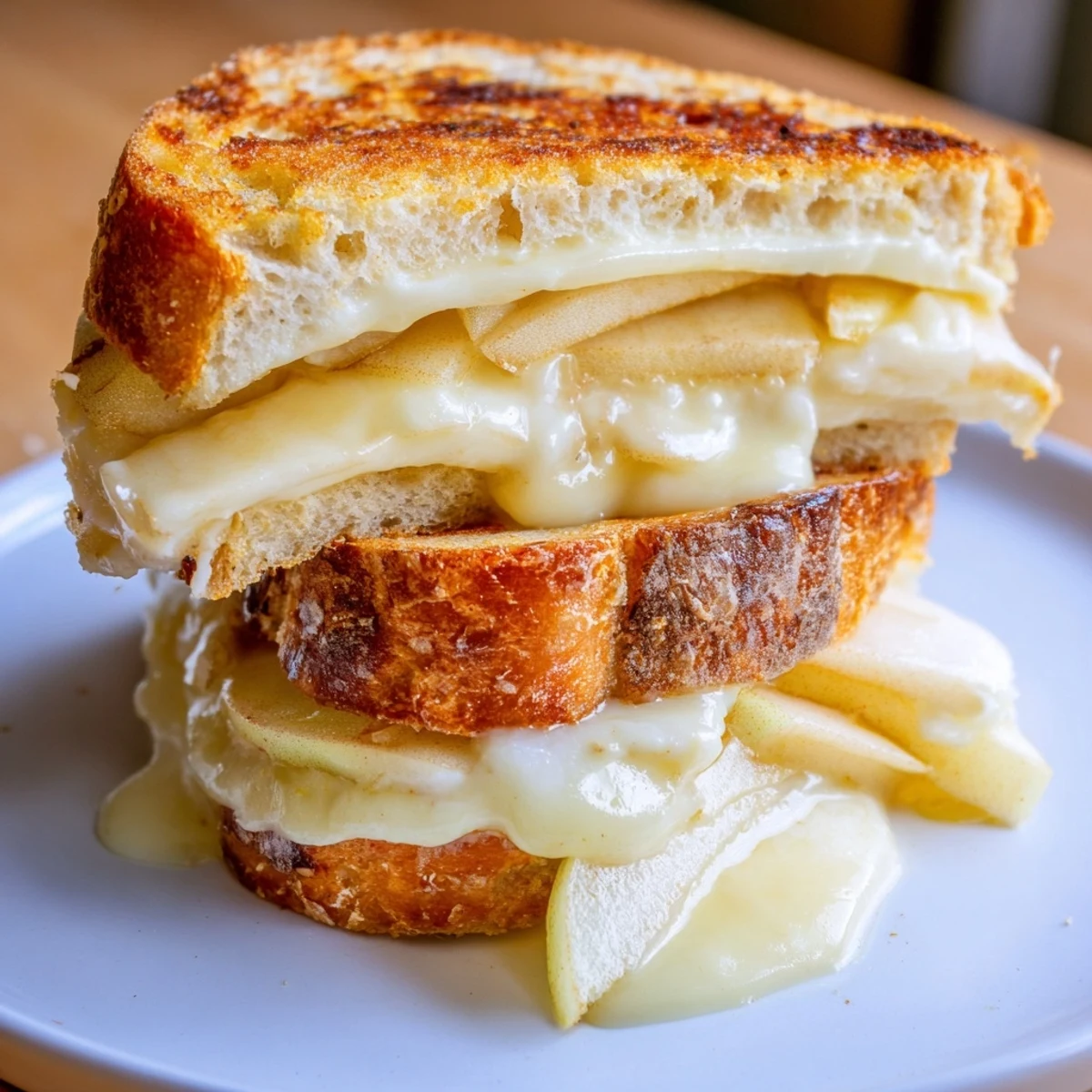 Buttery, golden Brie and apple grilled cheese, served warm for a delightful, comforting meal.