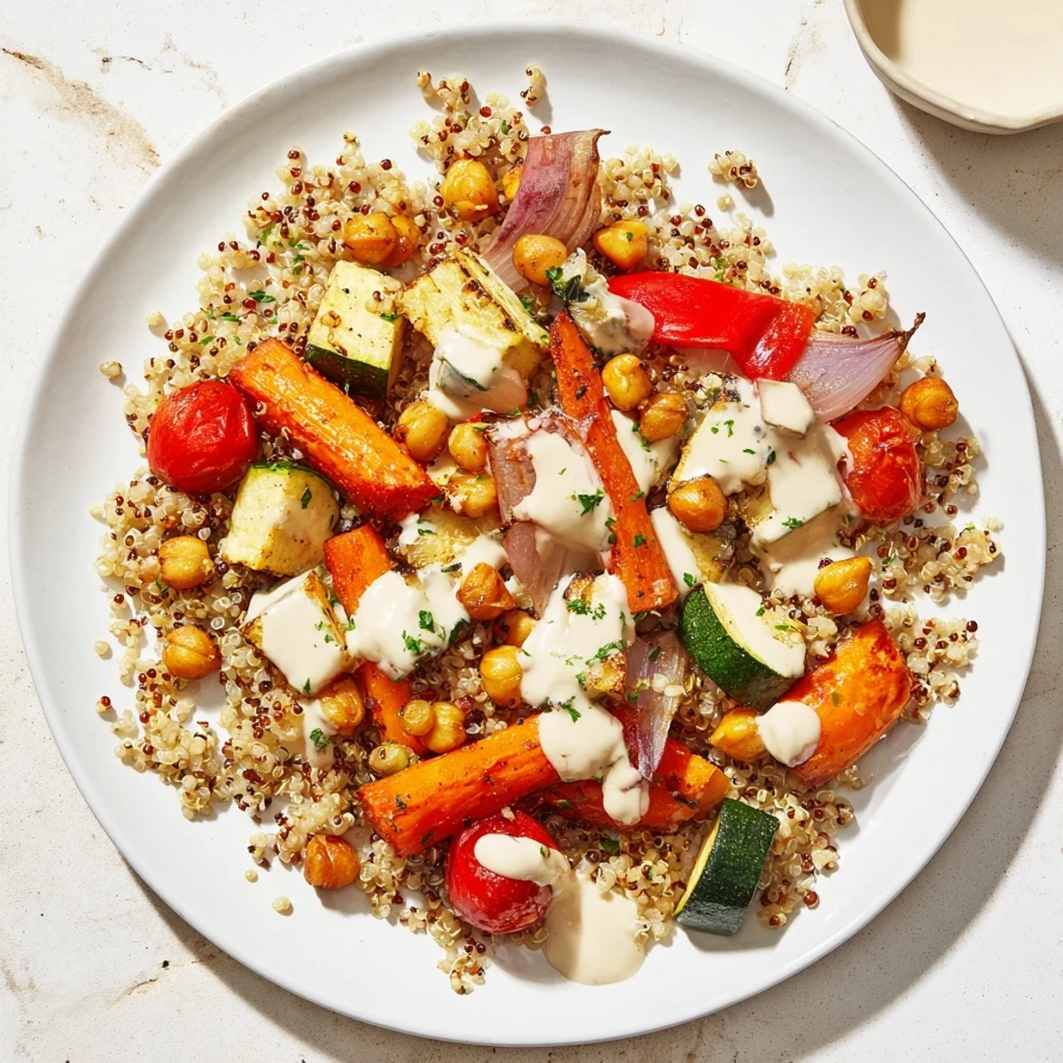 Fluffy quinoa power salad with roasted veggies, chickpeas, and creamy tahini dressing, invitingly plated.