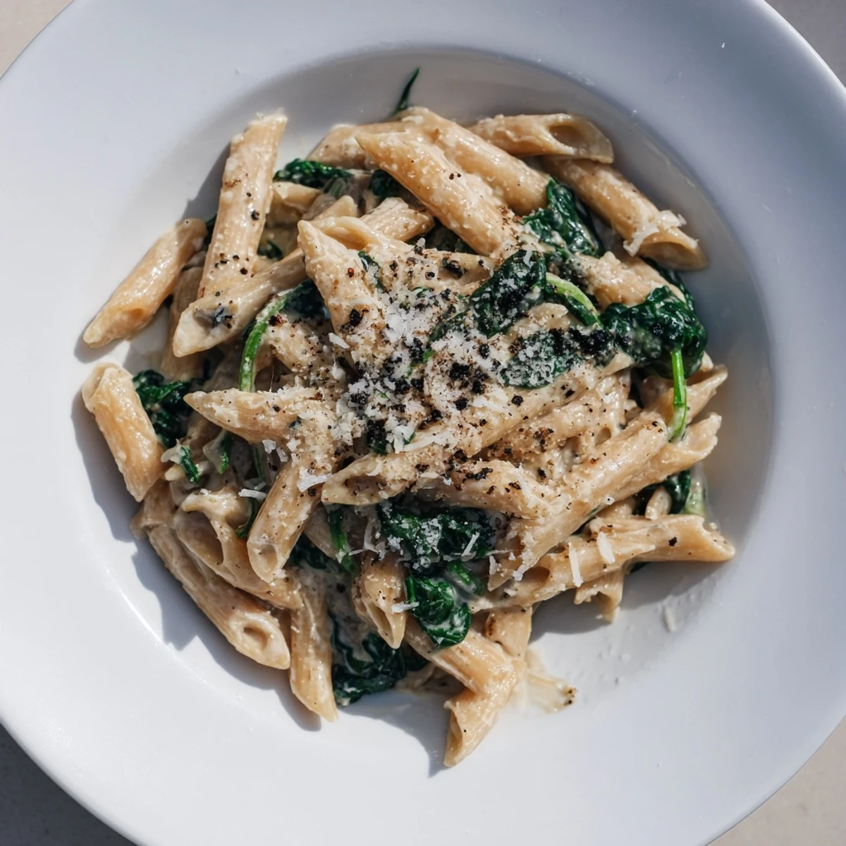 Close-up of freshly prepared Creamy Spinach Pasta, rich and saucy ready to be enjoyed with Parmesan.
