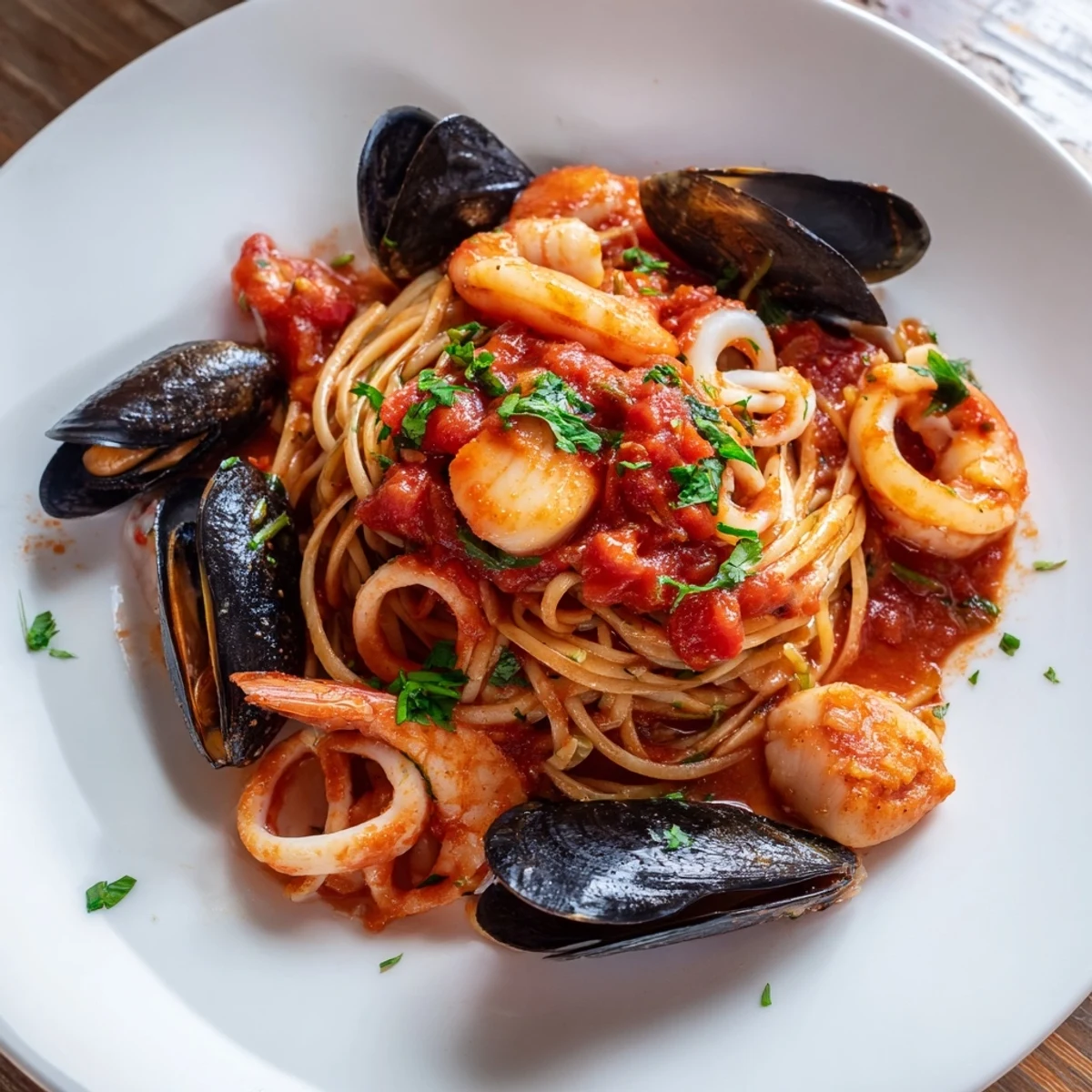 Seafood Marinara Pasta: vibrant pasta dish with juicy shrimp and mussels in rich tomato sauce.
