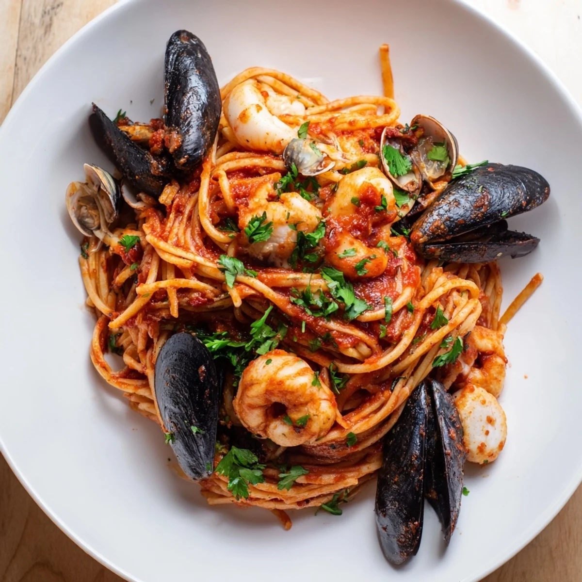 Freshly cooked Seafood Marinara Pasta, featuring tender seafood in a flavorful, classic Italian sauce.