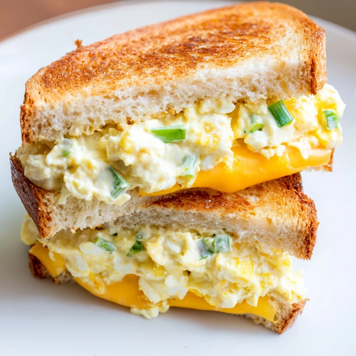 Melted cheese hugging the creamy egg salad inside a perfectly grilled Egg Salad Grilled Cheese sandwich.