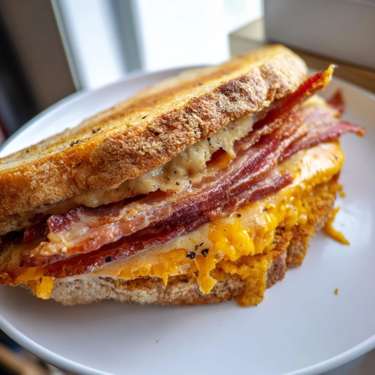 Crispy Bacon Cheddar Grilled Cheese, golden and oozing, is a quick, delightful American lunch treat, perfect with tomato soup.