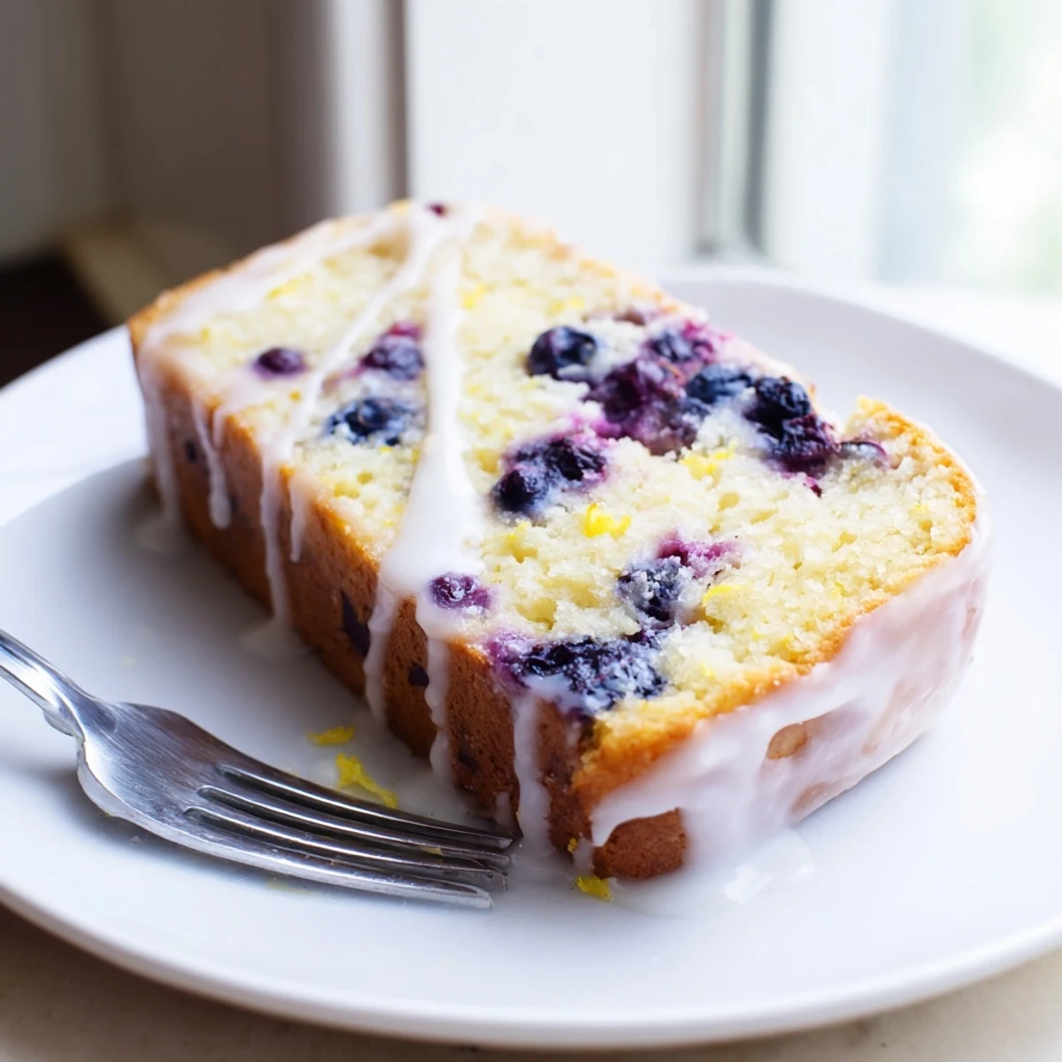 A freshly baked Lemon Blueberry Yogurt Loaf sliced, showcasing its tender crumb and inviting texture.