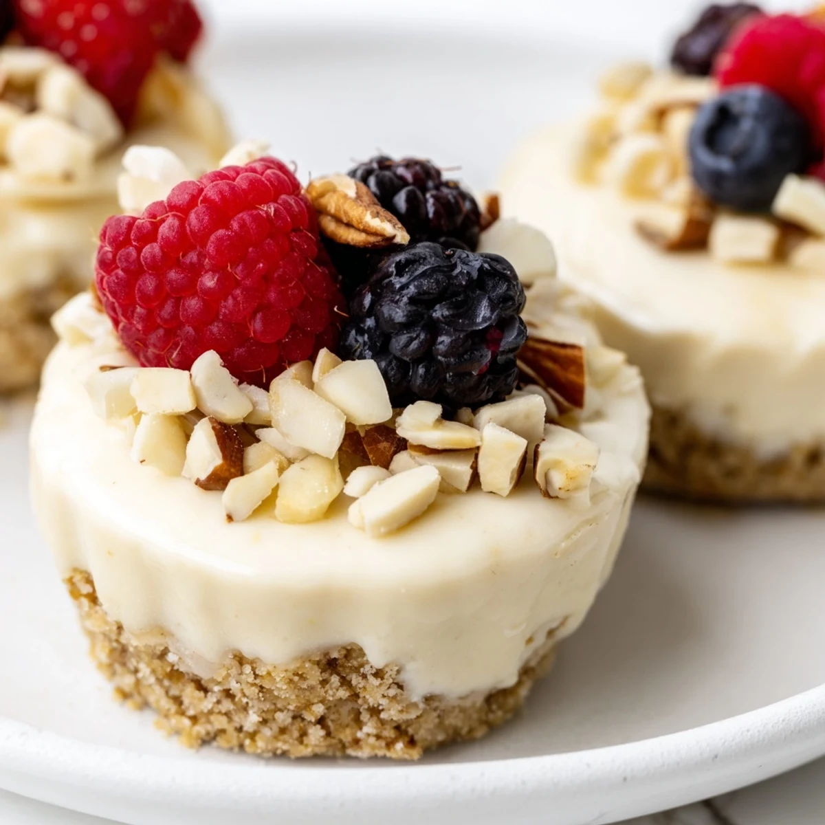 These easy Protein Cheesecake Cups showcase a smooth, vanilla filling on a crunchy oat base.