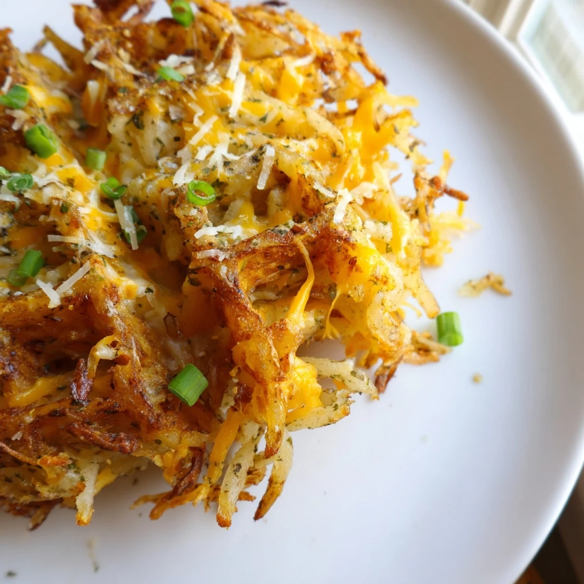 Golden-brown cheesy hash brown waffles, perfectly crispy with melted cheddar and fresh green onions.