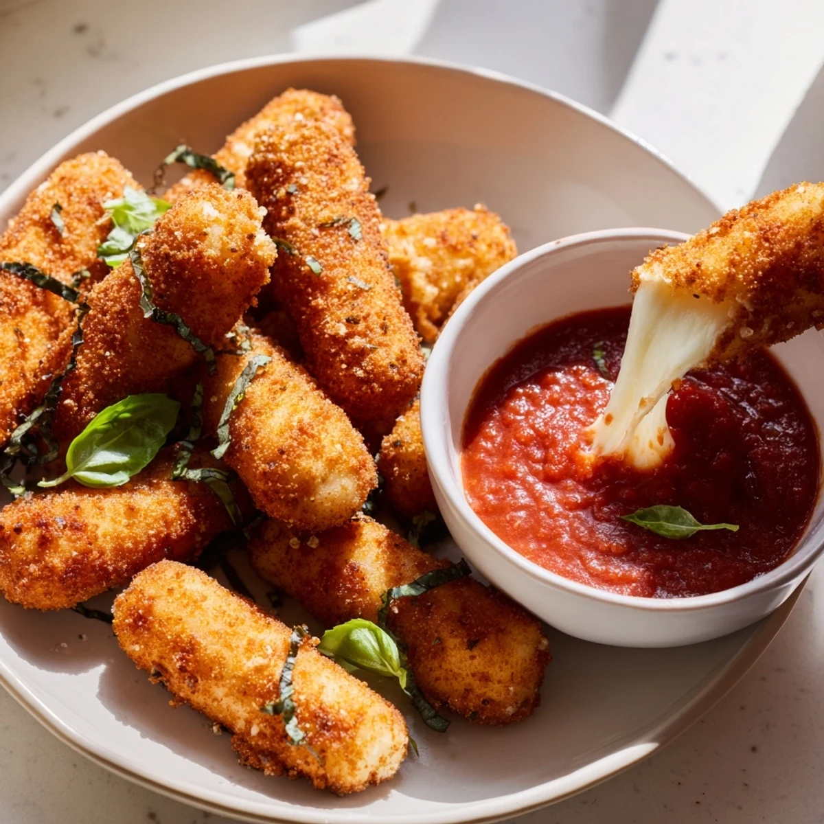 Crispy and gooey air fryer mozzarella sticks, a perfect appetizer offering a delightful cheesy pull.