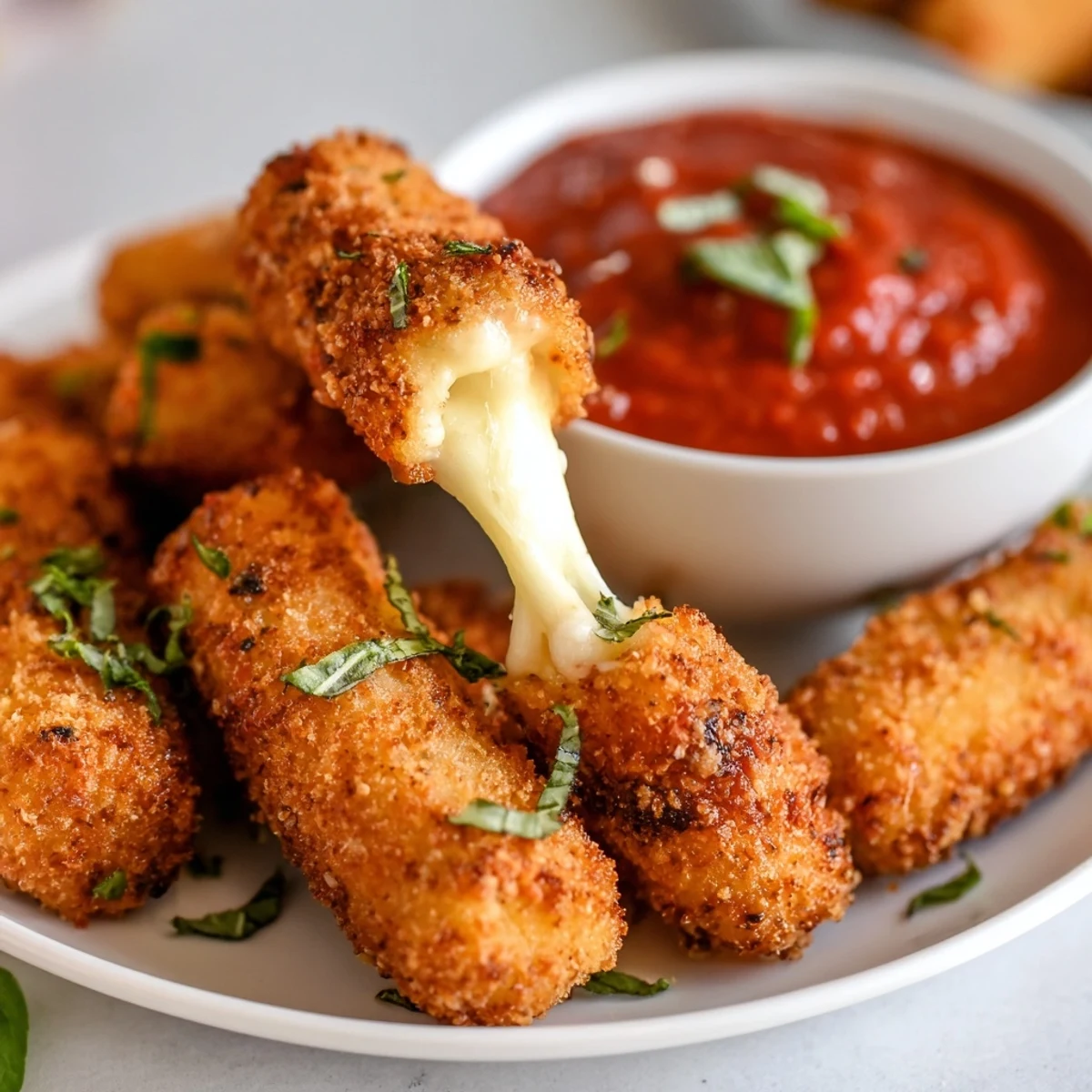 Hot and delicious, imagine biting into these easy air fryer mozzarella sticks with a crispy exterior.