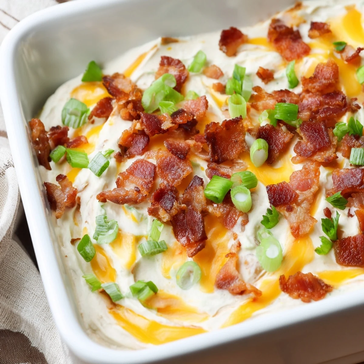 Warm, bubbly Cheesy Bacon Ranch Dip, a savory appetizer brimming with crispy bacon and melted cheddar.