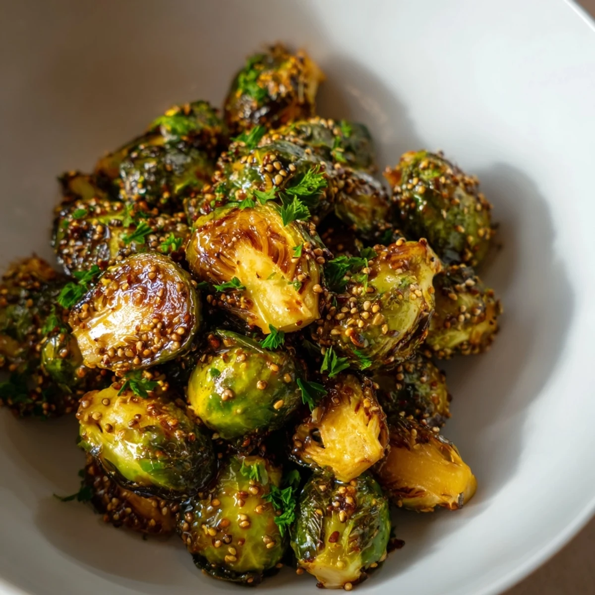 Taste the sweet and tangy glaze on these roasted honey mustard Brussels sprouts, ready for dinner.