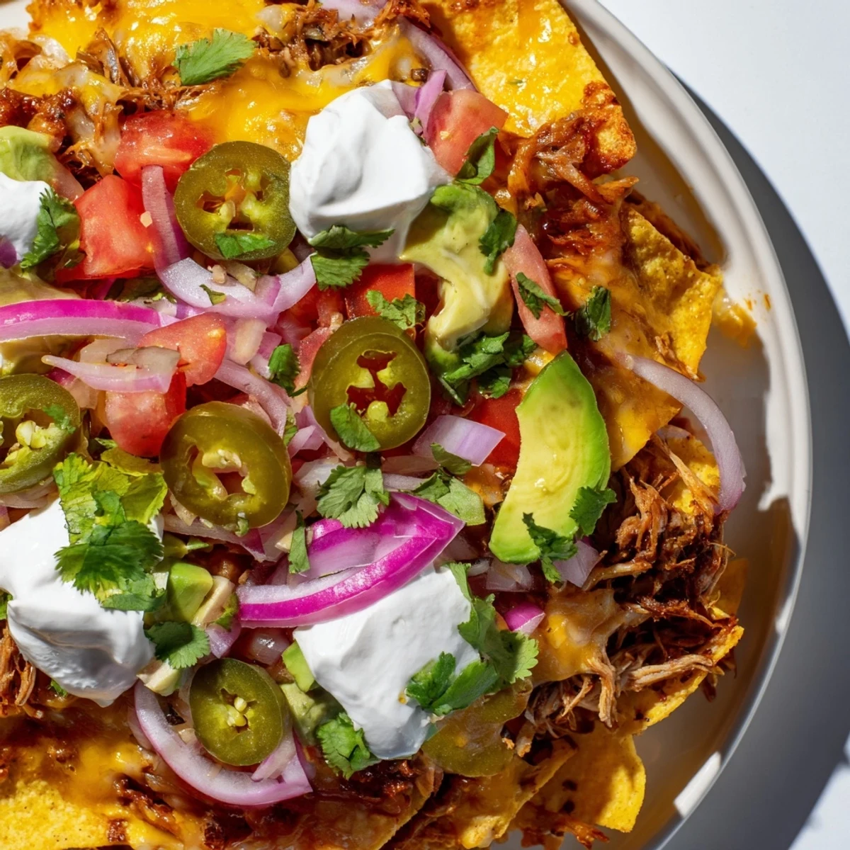 Loaded nachos with pulled pork, a cheesy, meaty, and flavorful Tex-Mex appetizer ready to eat.