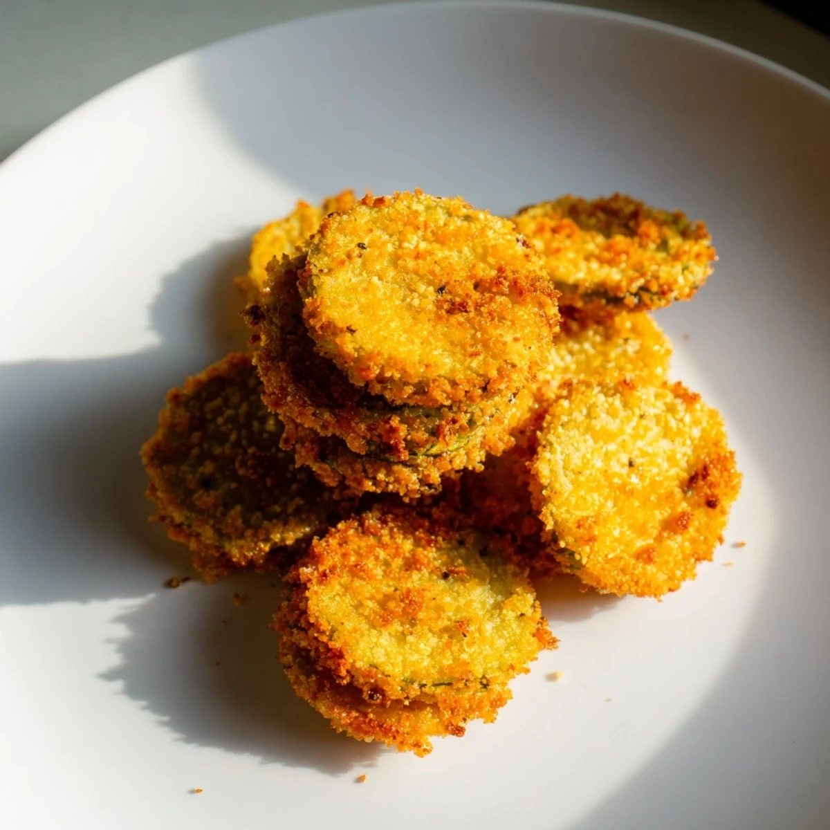 Close-up of freshly made crispy fried pickles, a vegetarian snack ideal for sharing and dipping.