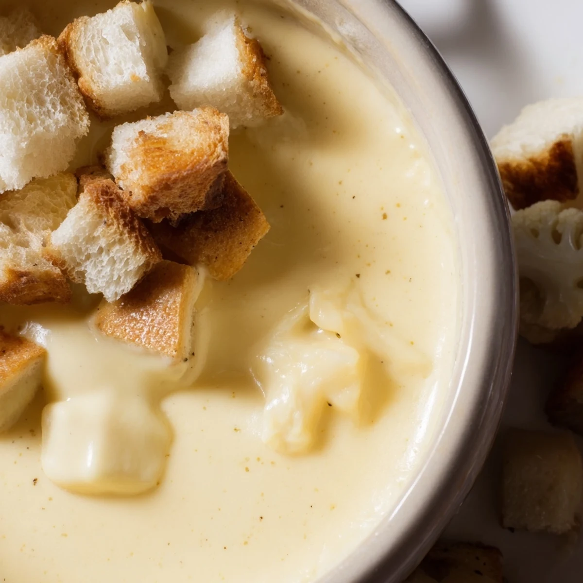 Close-up of bubbling, delightful Swiss Cheese Fondue served with fresh vegetables for dipping.