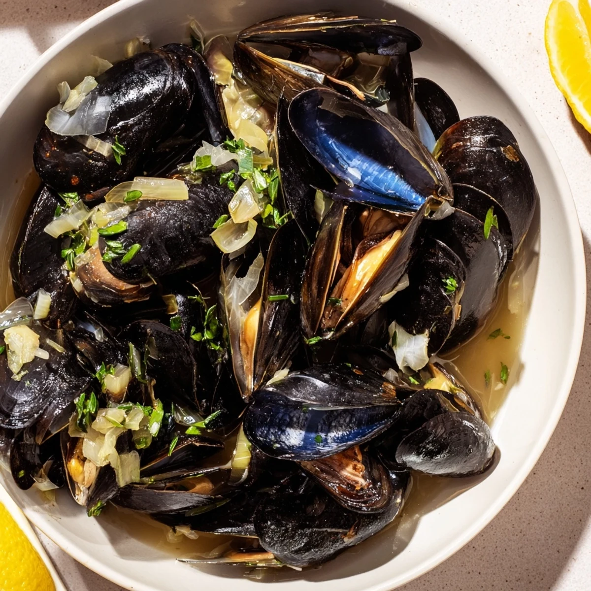 Steaming Belgian Moules Marinière with plump, open mussels and a rich, herb-infused broth.